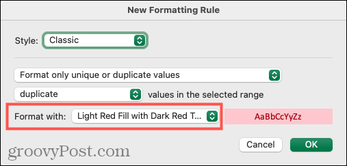 Pasirinkite „Duplicates“ formatavimas „Excel“, „Mac“