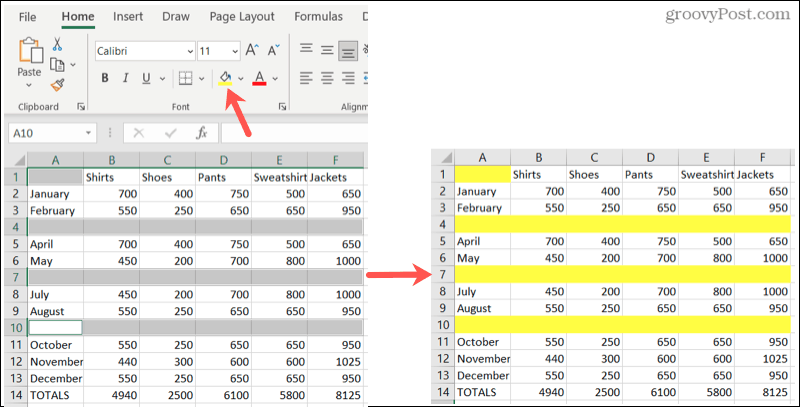„Excel“ paryškinkite tuščias eilutes