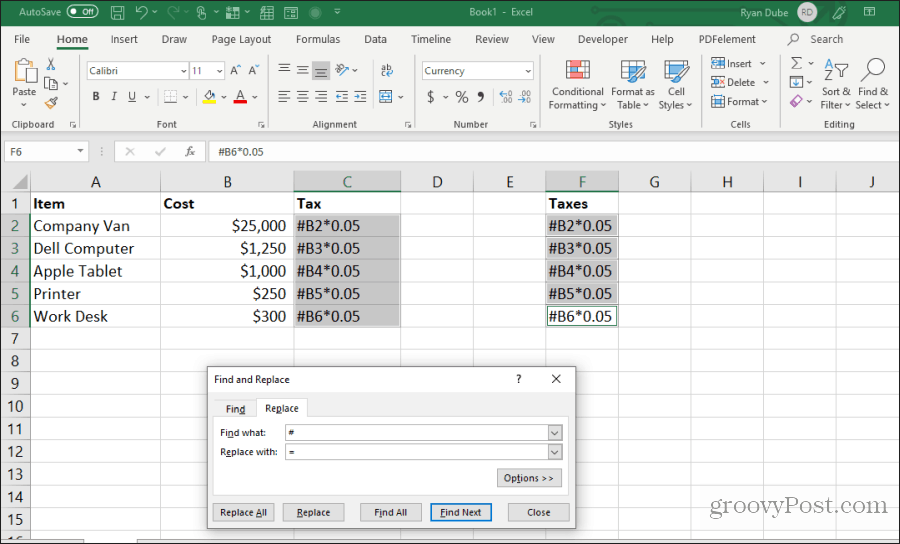 ieškokite ir pakeiskite formulę programoje Excel