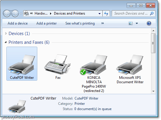 kaip peržiūrėti įrenginių ir spausdintuvų dialogo langą „Windows 7“