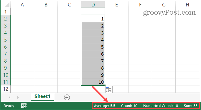 „Excel“ būsenos juosta pasirinktoms ląstelėms