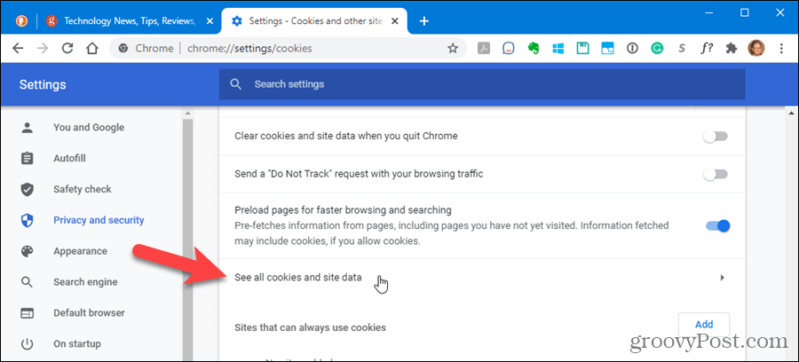„Chrome“ nustatymuose spustelėkite Peržiūrėti visus slapukus ir svetainės duomenis