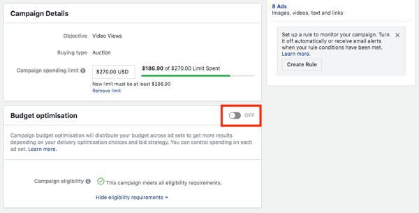 „Facebook“ kampanijos biudžeto optimizavimo galimybė.