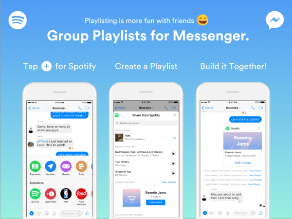 „Spotify“ išplėtė „Messenger“ roboto funkcionalumą, kad grupės galėtų kurti grojaraščius tiesiai iš „Messenger“ programos.
