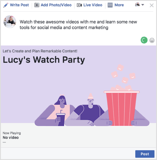 Spustelėkite Paskelbti, kad paskelbtumėte savo „Facebook Watch Party“ įrašą.