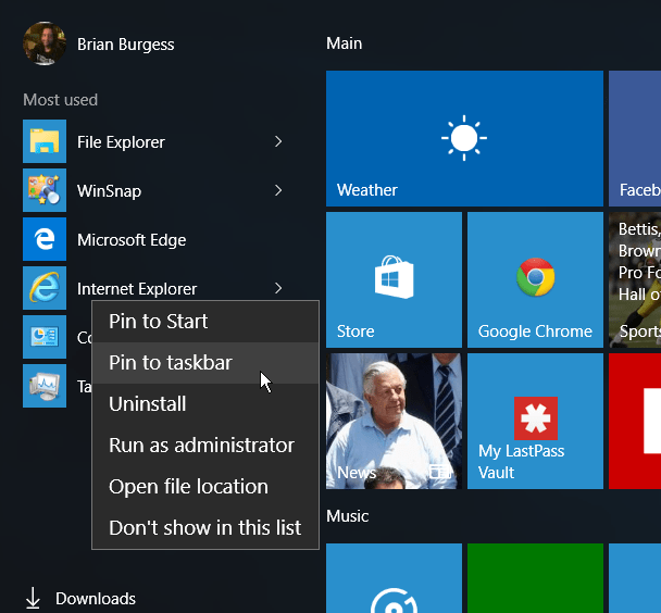 IE Pradėti meniu „Windows 10“