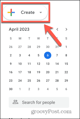 „Google“ kalendoriaus kūrimo mygtuko ekrano kopija