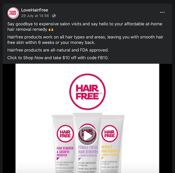 „facebook“ įrašas, kuriame „lovehairfree“ atkreipia dėmesį į jų plaukų šalinimo produktus, palygindamas juos su brangiais salono apsilankymais