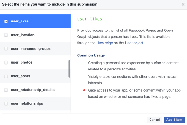 Pasirinkite, kuriuos elementus norite įtraukti į pateiktą „Facebook“ programą.
