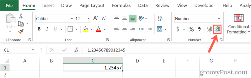 Sumažinti dešimtainį mygtuką „Excel“