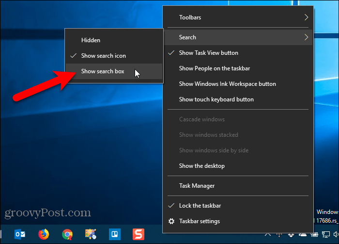 Rodyti paieškos laukelį Užduočių juostos nustatymas „Windows 10“