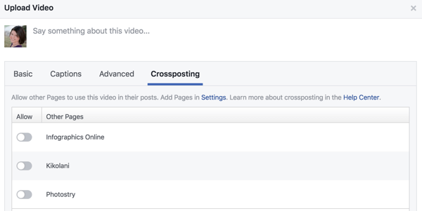 Įkėlę naują vaizdo įrašą pamatysite „Crossposting“ skirtuką su visais puslapiais, sujungtais per jūsų nustatymus.