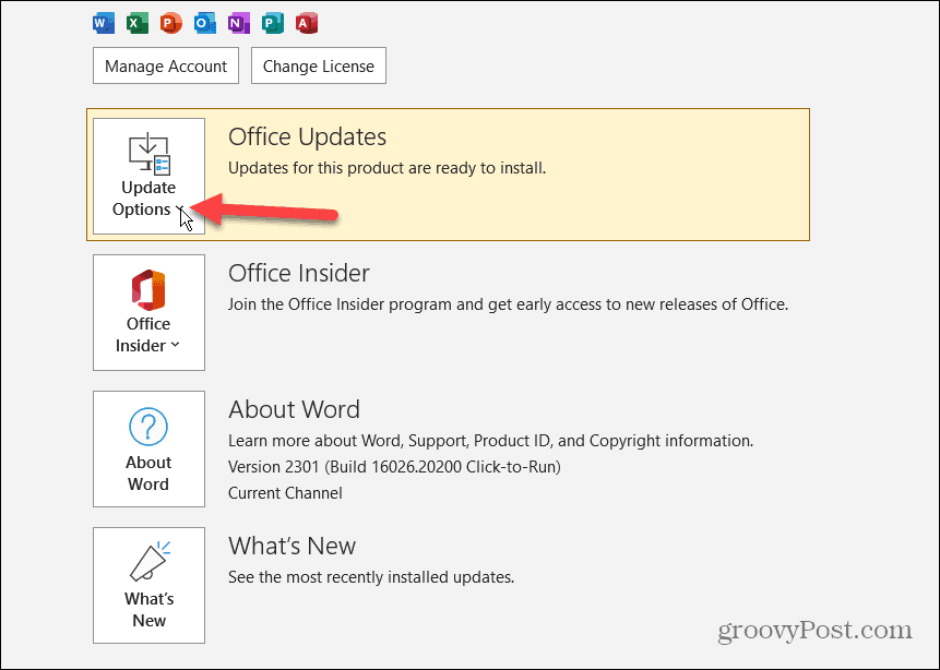 Išjunkite „Microsoft Office“ naujinimus 