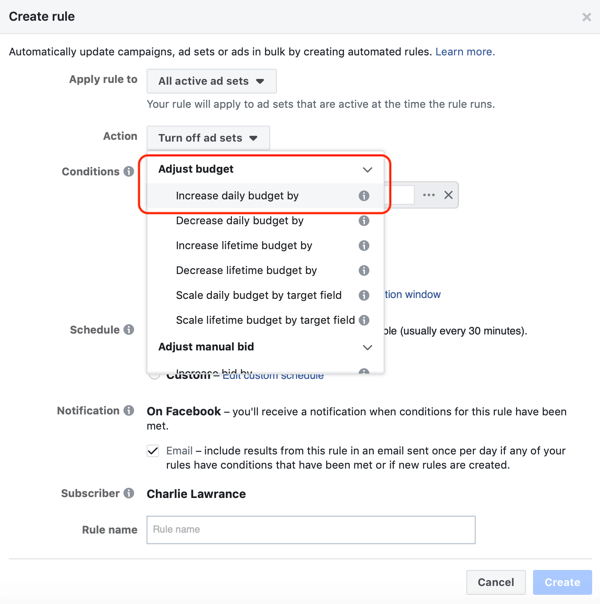 Naudokite „Facebook“ automatines taisykles, padidinkite biudžetą, kai SIG yra didesnė nei 2, atlikite 1 veiksmą