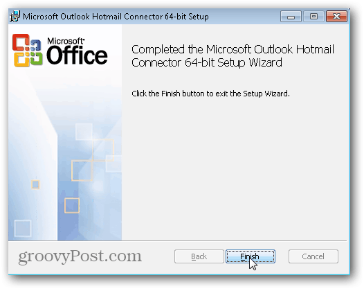 „Outlook.com“ „Outlook Hotmail Connector“ - spustelėkite Baigti