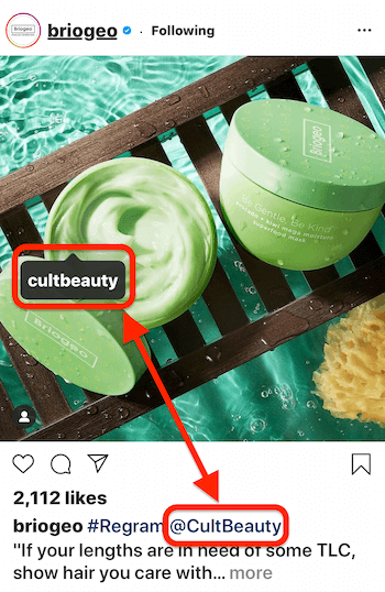 @briogeo instagram įrašas, kuriame rodoma įrašo žyma ir užrašas @mention @cultbeauty, kurio produktas rodomas paveikslėlyje
