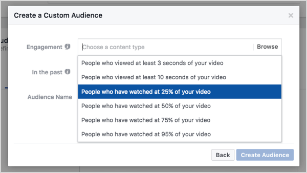 „Facebook“ pasirinkta auditorija, pagrįsta 25% vaizdo įrašų peržiūrų.