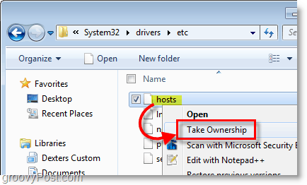 „Windows 7“ ekrano kopija - naudokite dešinįjį pelės klavišo kontekstinį meniu, norėdami perimti bet kurio „Windows 7“ failo nuosavybės teises