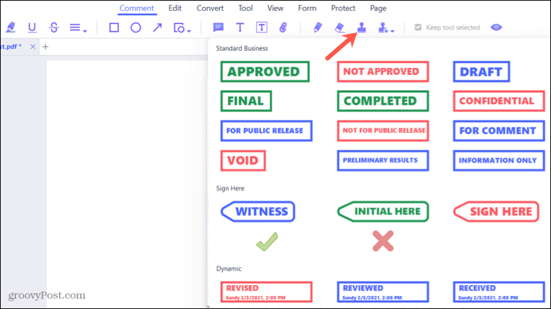 „PDFElement 8“ komentarų meniu antspaudai