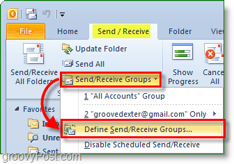 „Outlook 2010“ ekrano kopija – siųsti ir gauti grupes – apibrėžti grupes