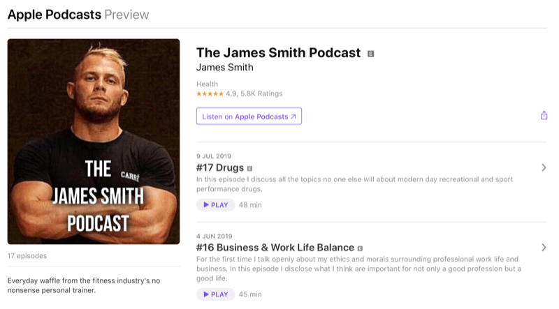 Socialinės žiniasklaidos rinkodaros strategija; Jameso Smitho tinklalaidės „Apple Podcasts“ ekrano kopija. Jamesas yra gerai žinomas fitneso erdvės įtakininkas.