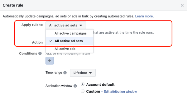 Naudokite „Facebook“ automatines taisykles, sustabdykite skelbimų rinkinį, kai išlaidos yra dvigubai didesnės nei išlaidos ir yra mažiau nei 1 pirkimas, 1 veiksmas, pritaikykite visiems skelbimų rinkiniams
