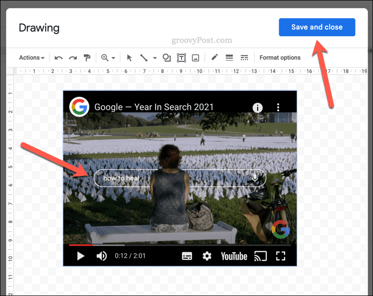 „YouTube“ vaizdo įrašo paleidimas „Google“ dokumentų piešinyje