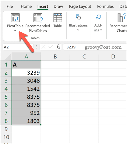Suvestinės lentelės įterpimas į „Excel“.