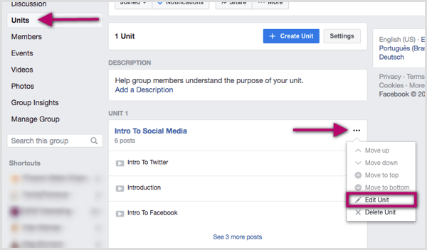 Spustelėkite tris taškus, esančius „Facebook“ grupės vieneto, kurį norite redaguoti, dešinėje.