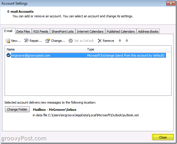 Norėdami išsaugoti sąskaitos santaupas, „Outlook 2010“ ekrano kopijos uždarymo mygtukas