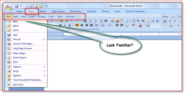„Office 2007“ įrankių juosta po „UBitMenu“