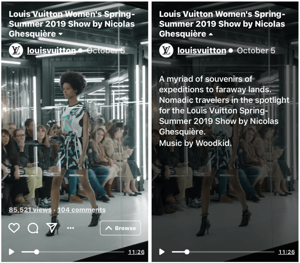„Louis Vuitton“ IGTV laidos, skirtos jų moterų mados šou, 2019 m. Pavasaris – vasara, pavyzdys.