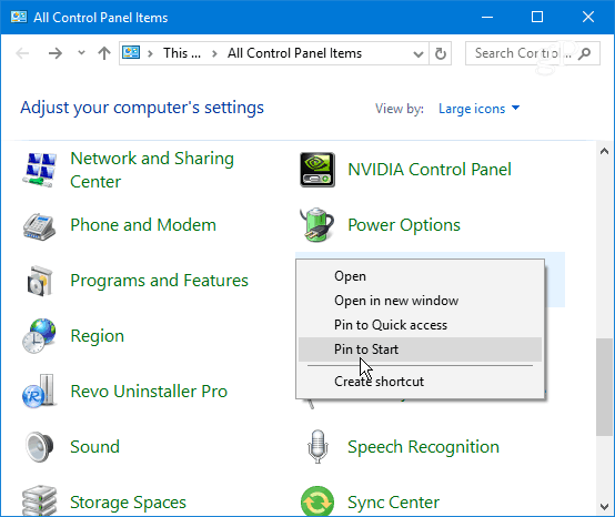 Spustelėkite Valdymo skydas Elementas „Windows 10“ Pradėti