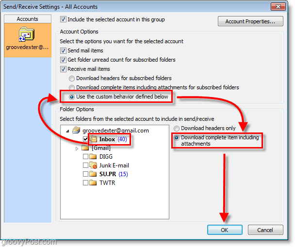 „Outlook 2010“ ekrano kopija – gautuosiuose naudojamas tinkintos elgsenos atsisiuntimo elementas
