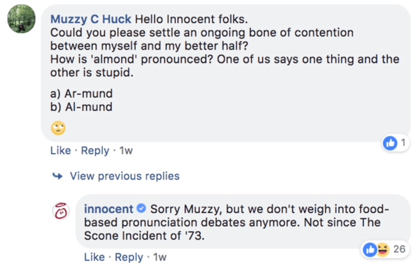 „Innocent“ atsakymo į komentaro klausimą „Facebook“ įraše pavyzdys.