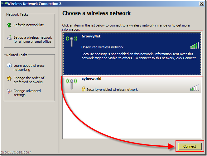 „Windows XP“ meniu pasirinkti belaidžio tinklo ekrano kopiją: groovyPost.com