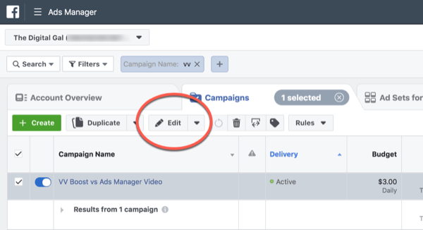 „Facebook ThruPlay Optimization“ 10 sekundžių peržiūrų kampanijos redagavimui, 1 žingsnis.