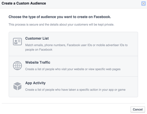 pasirinkite „facebook“ pasirinktinės auditorijos tipą