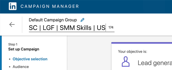 „LinkedIn“ kampanijos pavadinimo ekrano kopija redaguota sakant „SC | LGF | SMM įgūdžiai | JAV “