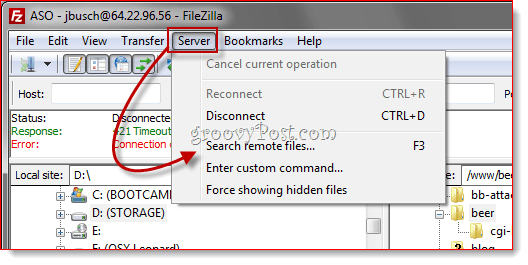 Nuotolinės failų paieškos FTP FileZilla