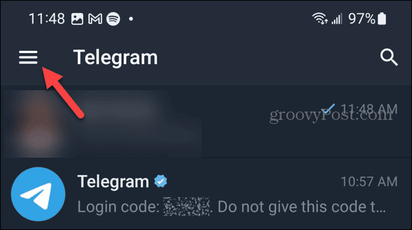 Meniu mygtukas „Telegram“ sistemoje „Android“.