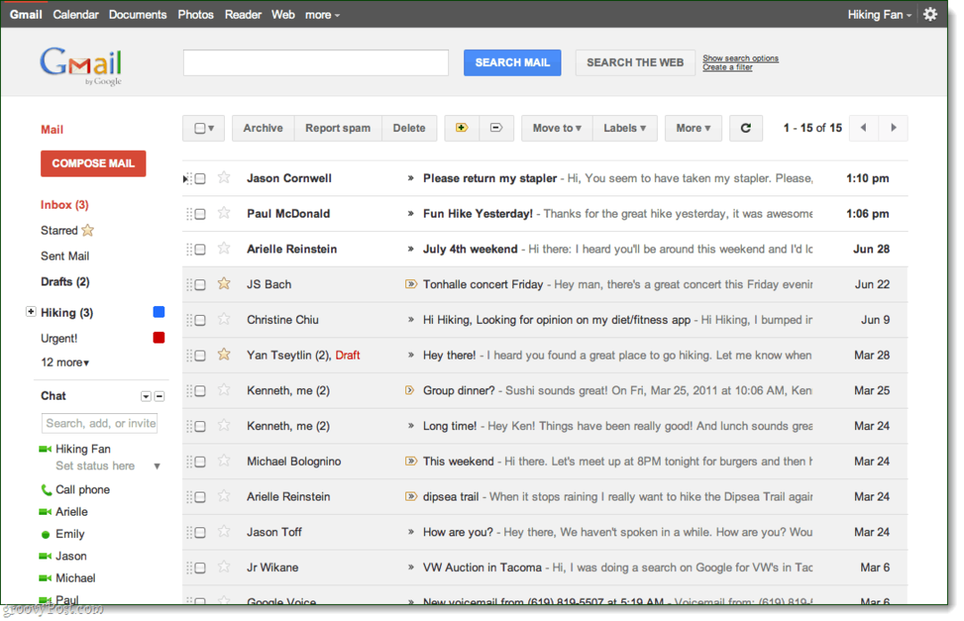 „Gmail“ gautųjų vaizdas, peržiūros tema