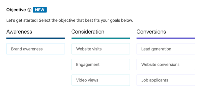 linkedin skelbimų kampanijos tikslų sąrašas, įskaitant svarstomus vaizdo įrašų rodinius