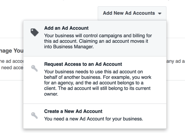 Pasirinkite parinktį sukurti naują skelbimo paskyrą „Business Manager“.