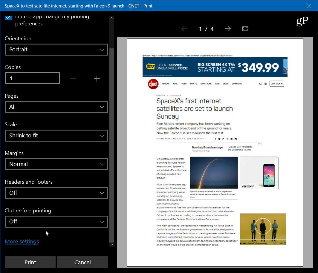 Spausdinkite tinklalapių straipsnius švariai ir be rūpesčių naudodami „Microsoft Edge“