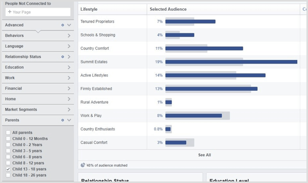Peržiūrėkite „Facebook“ auditorijos įžvalgas pasirinktinei auditorijai.