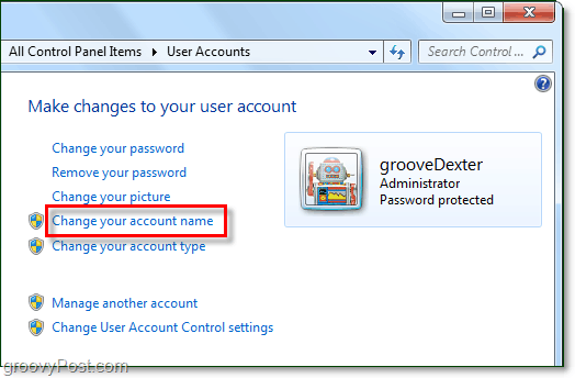 pakeiskite savo sąskaitos pavadinimą „Windows 7“
