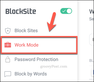 „BlockSite“ darbo režimo skirtukas