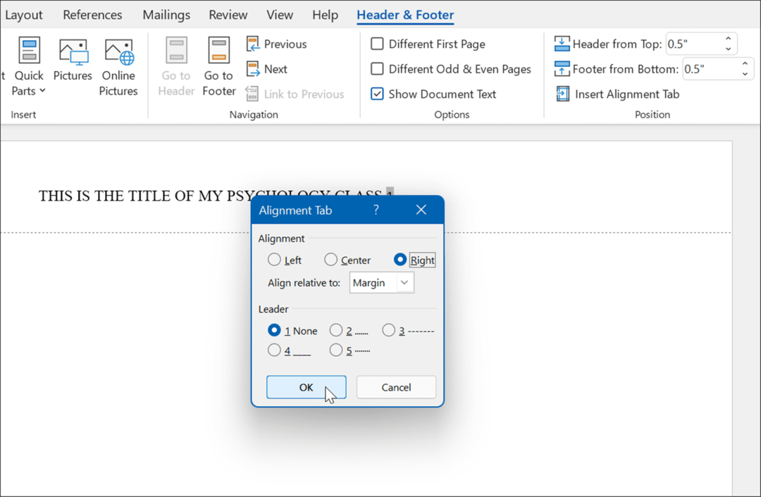 lygiavimo skirtuko dešiniojo formato apa stilius programoje „Microsoft Word“.