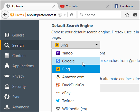 nustatyti paieškos variklio „Firefox“